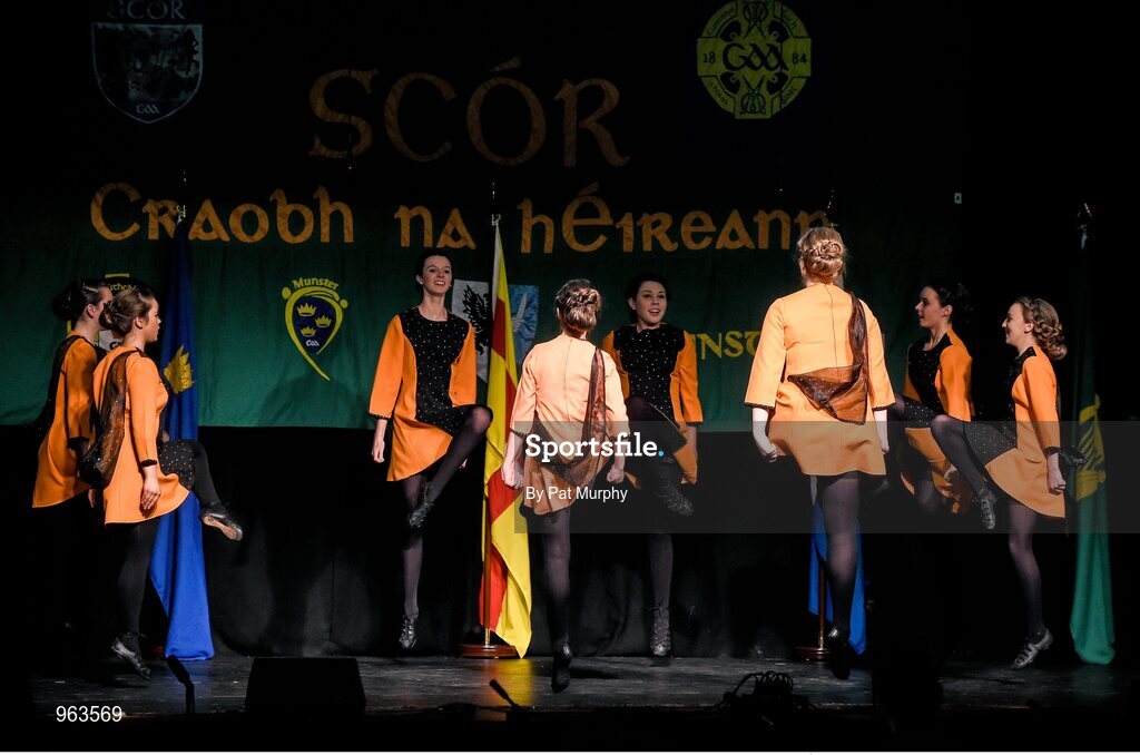 14 February 2015; The Downs, Co. Westmeath, team of Amy Dagg, Erica Hynes, Niamh Rowan, Sophie Joyce, Serena Wynne, Katie McGrath, Orlaith Murray and Cara Hogan, competing in the Figure Dancing competition during the All-Ireland Scór na nÓg Championship Finals 2015. Citywest Hotel, Saggart, Co. Dublin. Picture credit: Pat Murphy / SPORTSFILE