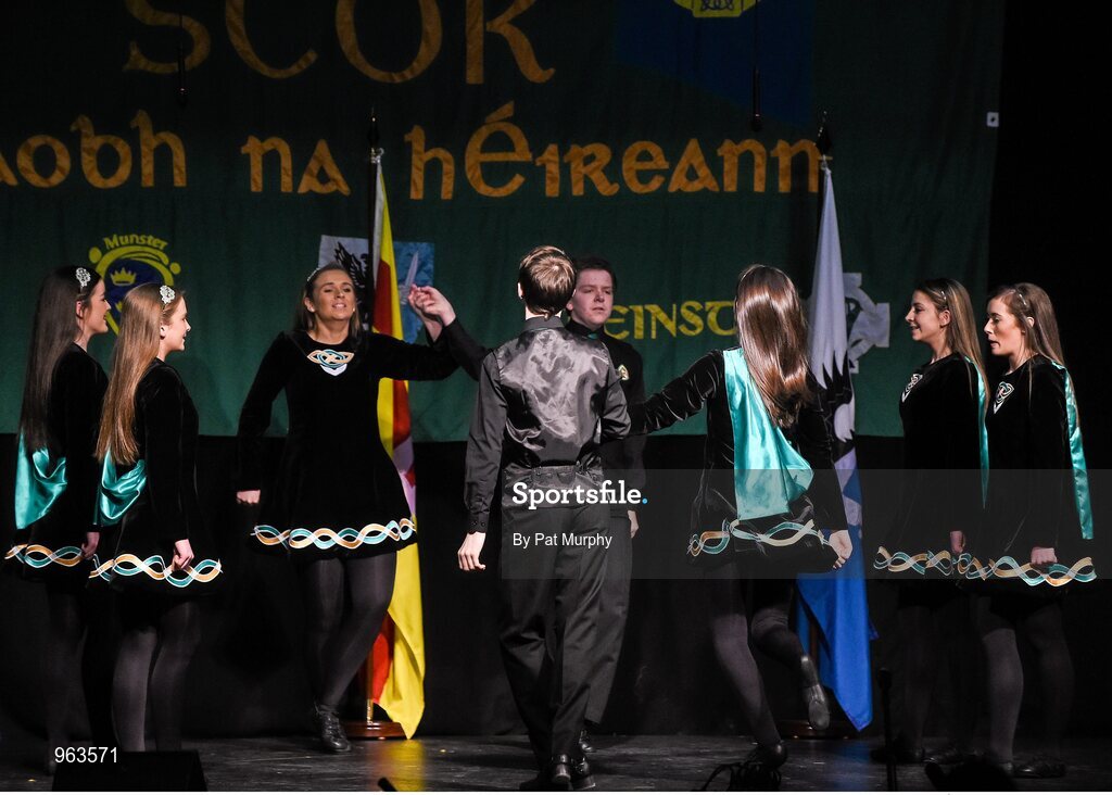 14 February 2015; The Watty Graham’s, Glen, Co. Derry, team of Jack Gunning, Katie McNally, Caoimhe McLaughlin, Jack McGilligan, Maebh McGirr, Katie Strahern, Ciarrai Convey and Claire Gunning, competing in the Figure Dancing competition during the All-Ireland Scór na nÓg Championship Finals 2015. Citywest Hotel, Saggart, Co. Dublin. Picture credit: Pat Murphy / SPORTSFILE