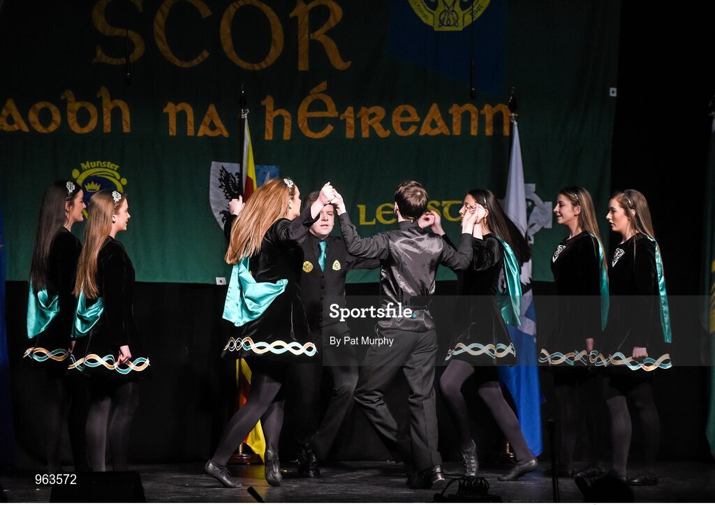 14 February 2015; The Watty Graham’s, Glen, Co. Derry, team of Jack Gunning, Katie McNally, Caoimhe McLaughlin, Jack McGilligan, Maebh McGirr, Katie Strahern, Ciarrai Convey and Claire Gunning, competing in the Figure Dancing competition during the All-Ireland Scór na nÓg Championship Finals 2015. Citywest Hotel, Saggart, Co. Dublin. Picture credit: Pat Murphy / SPORTSFILE