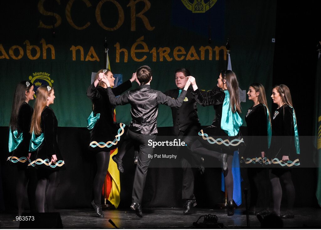 14 February 2015; The Watty Graham’s, Glen, Co. Derry, team of Jack Gunning, Katie McNally, Caoimhe McLaughlin, Jack McGilligan, Maebh McGirr, Katie Strahern, Ciarrai Convey and Claire Gunning, competing in the Figure Dancing competition during the All-Ireland Scór na nÓg Championship Finals 2015. Citywest Hotel, Saggart, Co. Dublin. Picture credit: Pat Murphy / SPORTSFILE