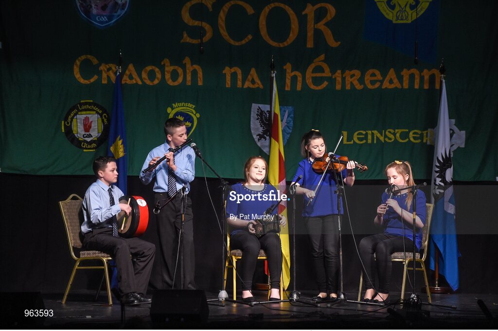 14 February 2015; The Easkey, Co. Sligo, team of Sinead Harte, Aoife Collery, Eabha McGowan, Andrew Kilcullen and Owen Roe McGowan competing in the Instrumental Music competition during the All-Ireland Scór na nÓg Championship Finals 2015. Citywest Hotel, Saggart, Co. Dublin. Picture credit: Pat Murphy / SPORTSFILE