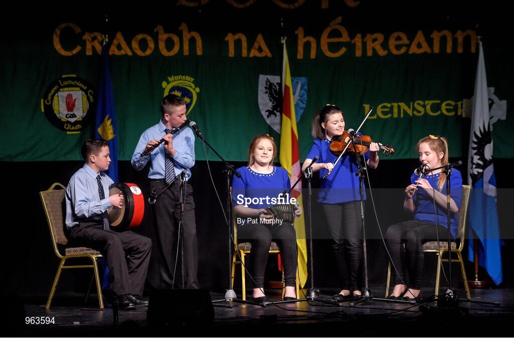 14 February 2015; The Easkey, Co. Sligo, team of Sinead Harte, Aoife Collery, Eabha McGowan, Andrew Kilcullen and Owen Roe McGowan competing in the Instrumental Music competition during the All-Ireland Scór na nÓg Championship Finals 2015. Citywest Hotel, Saggart, Co. Dublin. Picture credit: Pat Murphy / SPORTSFILE