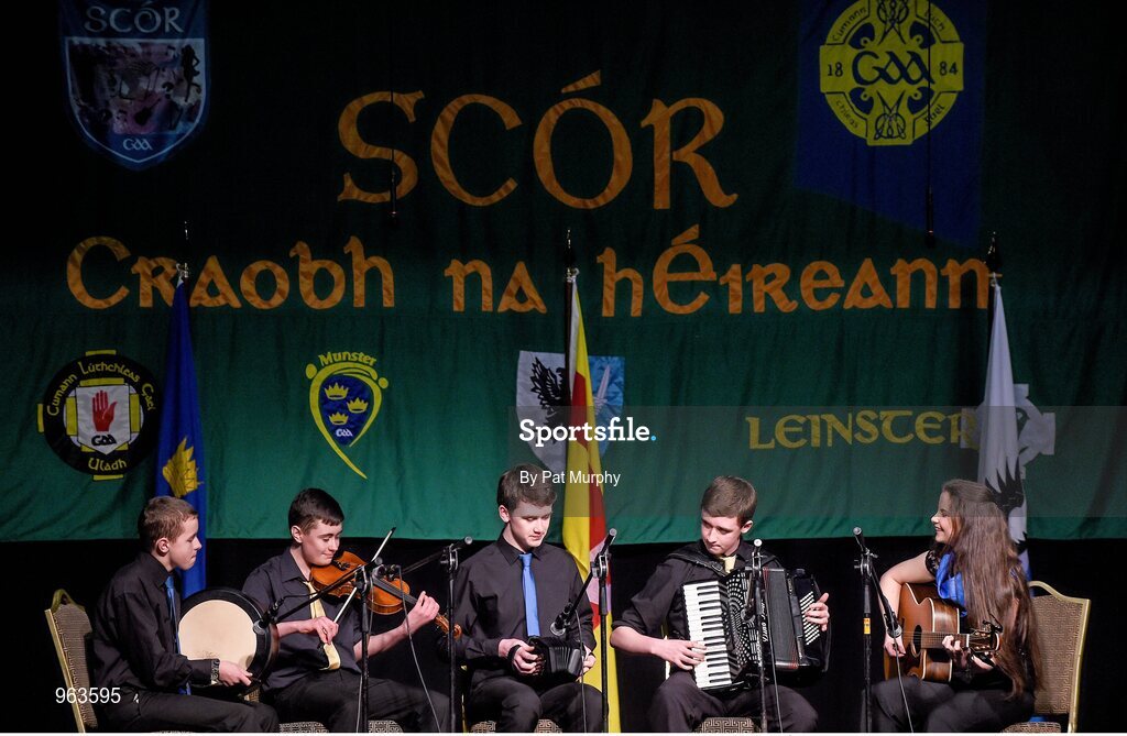 14 February 2015; The Dromhowan Geraldines, Co. Monaghan, team of Stephen McMahon, Colm McMahon, Finbarr Brennan, Tomasina McGinnity and Conor Quinn competing in the Instrumental Music competition during the All-Ireland Scór na nÓg Championship Finals 2015. Citywest Hotel, Saggart, Co. Dublin. Picture credit: Pat Murphy / SPORTSFILE