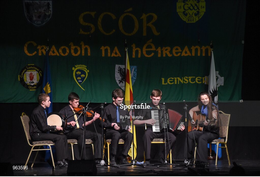 14 February 2015; The Dromhowan Geraldines, Co. Monaghan, team of Stephen McMahon, Colm McMahon, Finbarr Brennan, Tomasina McGinnity and Conor Quinn competing in the Instrumental Music competition during the All-Ireland Scór na nÓg Championship Finals 2015. Citywest Hotel, Saggart, Co. Dublin. Picture credit: Pat Murphy / SPORTSFILE