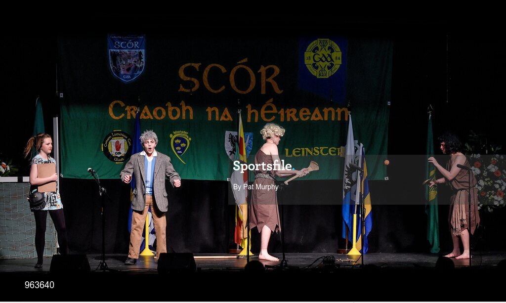 14 February 2015; The St. Dominic’s, Co. Roscommon, team of Cormac Miley, Ethan Conaughton, Michael Feeley, Cian Dervin, Sean Kenny, Roisin Roddy, Keith Doyle and Conor Walsh, competing in the Leiriu competition during the All-Ireland Scór na nÓg Championship Finals 2015. Citywest Hotel, Saggart, Co. Dublin. Picture credit: Pat Murphy / SPORTSFILE