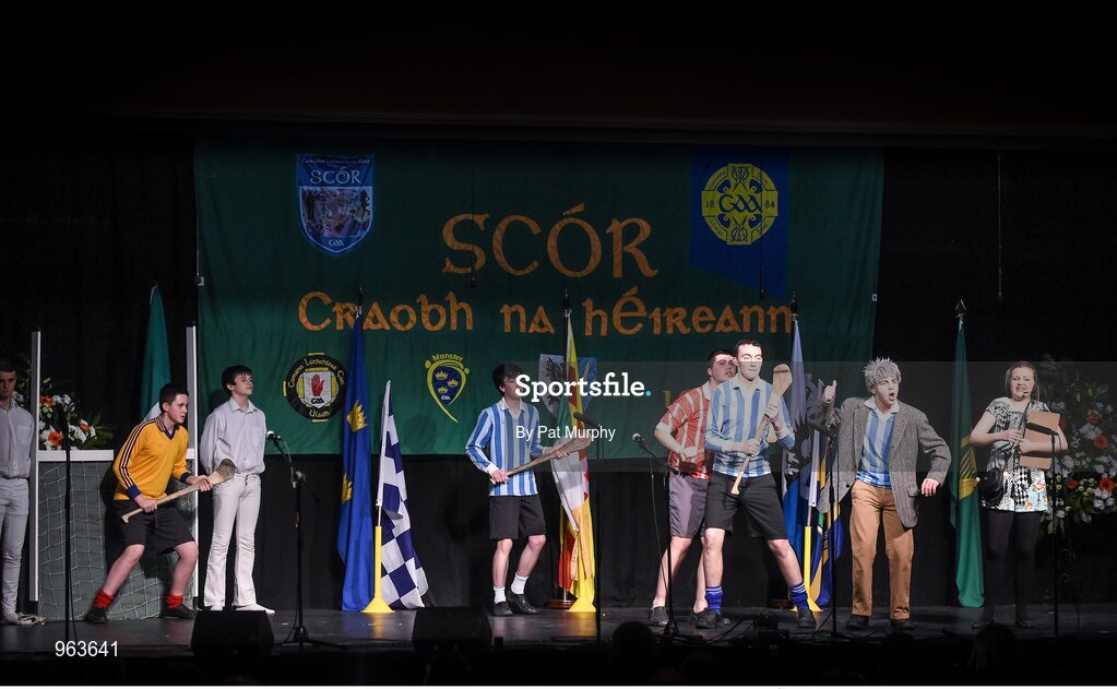 14 February 2015; The St. Dominic’s, Co. Roscommon, team of Cormac Miley, Ethan Conaughton, Michael Feeley, Cian Dervin, Sean Kenny, Roisin Roddy, Keith Doyle and Conor Walsh, competing in the Leiriu competition during the All-Ireland Scór na nÓg Championship Finals 2015. Citywest Hotel, Saggart, Co. Dublin. Picture credit: Pat Murphy / SPORTSFILE