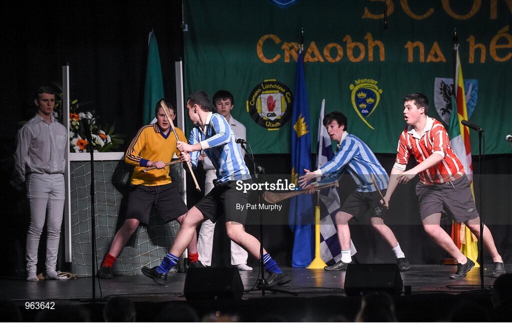14 February 2015; The St. Dominic’s, Co. Roscommon, team of Cormac Miley, Ethan Conaughton, Michael Feeley, Cian Dervin, Sean Kenny, Roisin Roddy, Keith Doyle and Conor Walsh, competing in the Leiriu competition during the All-Ireland Scór na nÓg Championship Finals 2015. Citywest Hotel, Saggart, Co. Dublin. Picture credit: Pat Murphy / SPORTSFILE