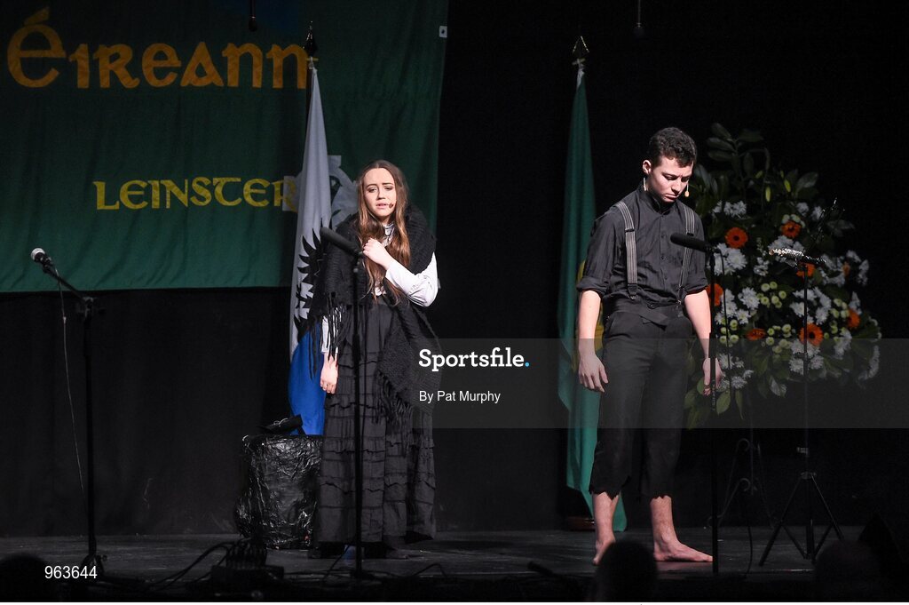 14 February 2015; The St. Patrick’s, Cullyhanna, Co. Armagh, team of Oran Murray, Colm Donnelly, Diarmaid Savage, Diarmaid Brecknell and Mary Donnelly, competing in the Leiriu competition during the All-Ireland Scór na nÓg Championship Finals 2015. Citywest Hotel, Saggart, Co. Dublin. Picture credit: Pat Murphy / SPORTSFILE