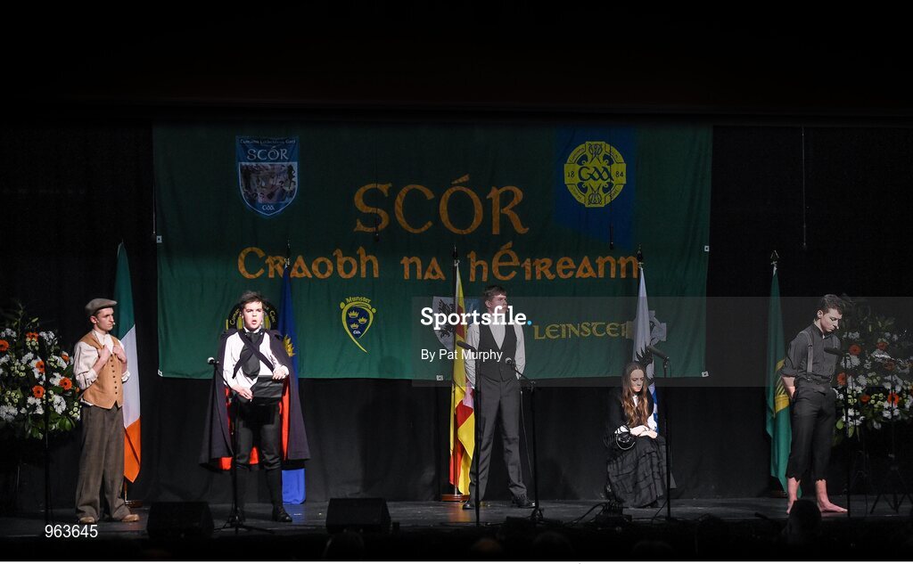 14 February 2015; The St. Patrick’s, Cullyhanna, Co. Armagh, team of Oran Murray, Colm Donnelly, Diarmaid Savage, Diarmaid Brecknell and Mary Donnelly, competing in the Leiriu competition during the All-Ireland Scór na nÓg Championship Finals 2015. Citywest Hotel, Saggart, Co. Dublin. Picture credit: Pat Murphy / SPORTSFILE