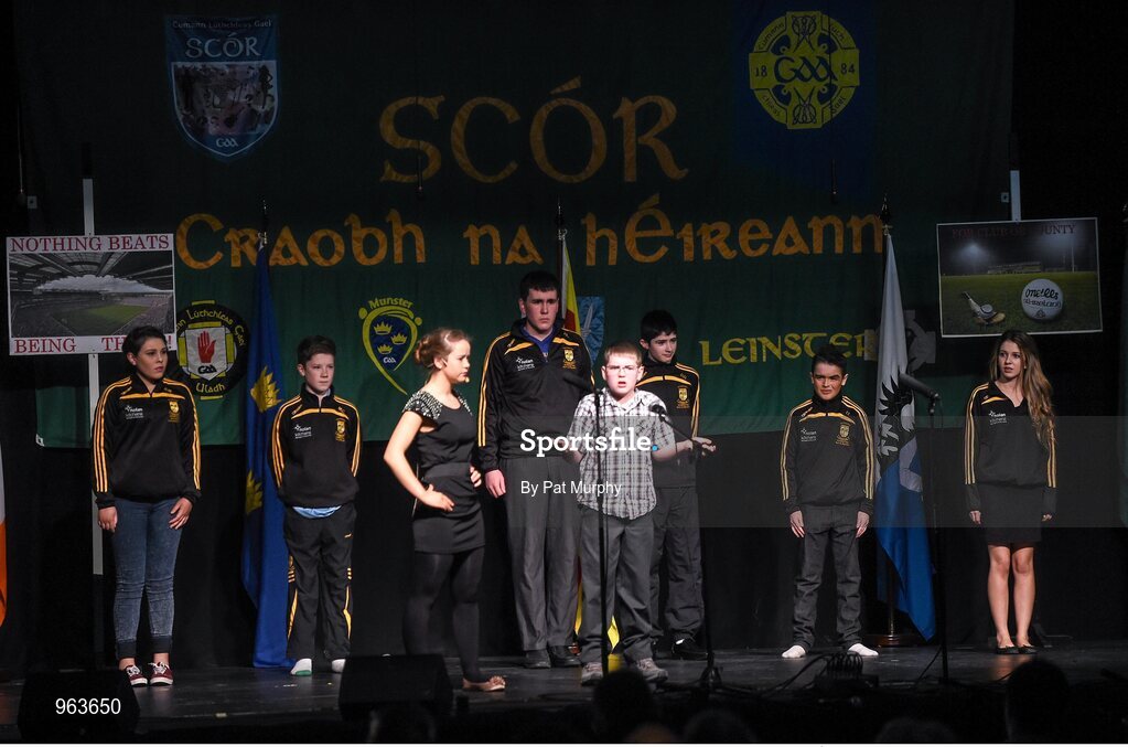 14 February 2015; The The Downs, Co. Westmeath, team of Paul Lynam, Tom Tuite, Donal Doherty, Matthew Cunningham, Niamh Rowan, Serena Wynne, Megan Keenaghan and Ruairi Shiel, competing in the Leiriu competition during the All-Ireland Scór na nÓg Championship Finals 2015. Citywest Hotel, Saggart, Co. Dublin. Picture credit: Pat Murphy / SPORTSFILE