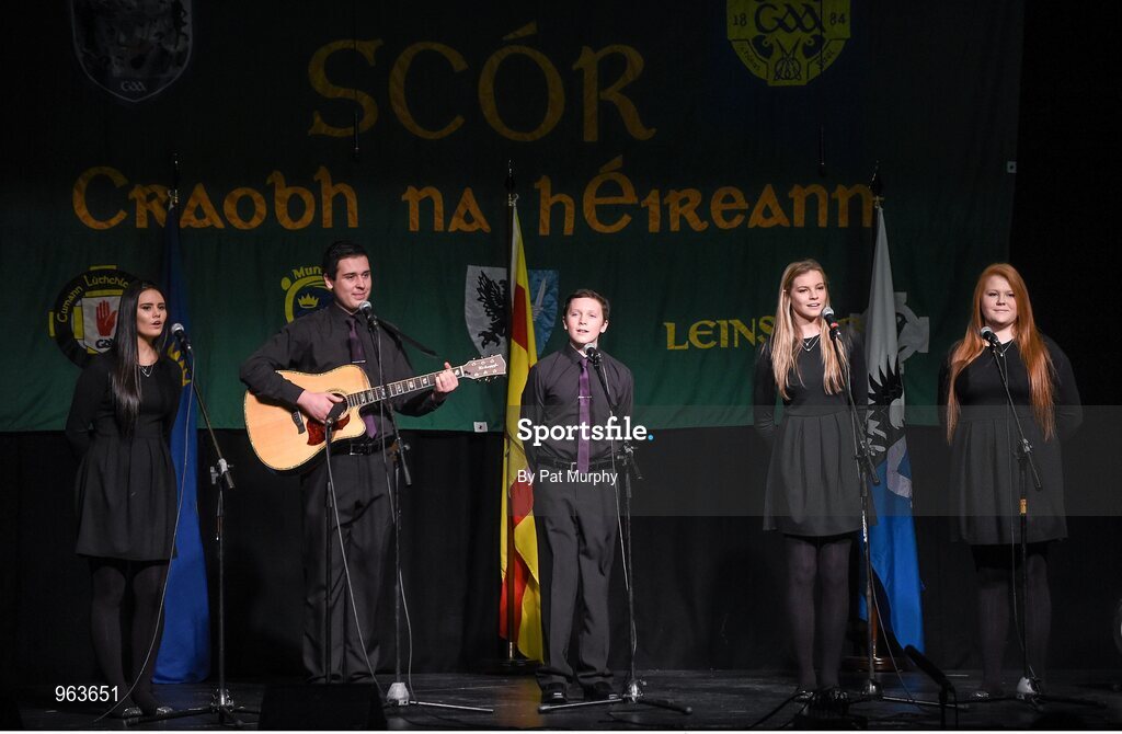 14 February 2015; The Leitrim Gaels, Co. Leitrim, team of Cathy McLoughlin, Patrick Sweeney, Ned Sweeney, Elise Bruen and Jordyn Mulvey, competing in the Ballad Group competition during the All-Ireland Scór na nÓg Championship Finals 2015. Citywest Hotel, Saggart, Co. Dublin. Picture credit: Pat Murphy / SPORTSFILE