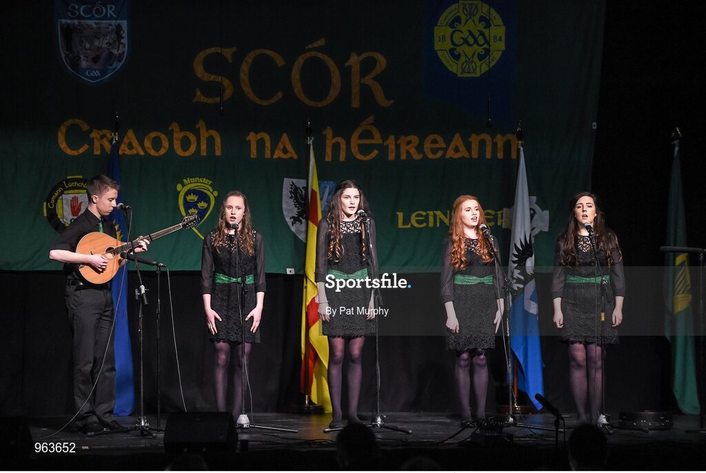 14 February 2015; The Gweedore, Co. Donegal, team of Cathal Curran, Eimear McCole, Caoimhe Walsh, Meadhbh McBride and Clodagh Gallagher, competing in the Ballad Group competition during the All-Ireland Scór na nÓg Championship Finals 2015. Citywest Hotel, Saggart, Co. Dublin. Picture credit: Pat Murphy / SPORTSFILE