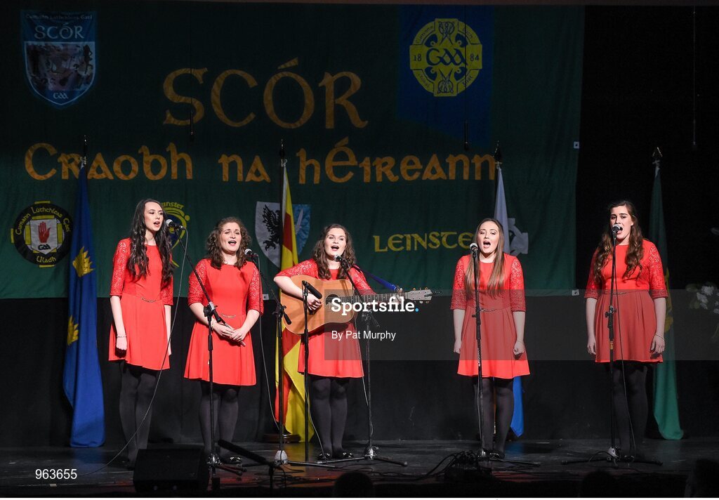 14 February 2015; The Boherbue, Co. Cork, team of Megan Ni Chadla, mairead Ni hIci, Grainne Leader, Cait Ni Ghormain and Maire Ni Ghormain, competing in the Ballad Group competition during the All-Ireland Scór na nÓg Championship Finals 2015. Citywest Hotel, Saggart, Co. Dublin. Picture credit: Pat Murphy / SPORTSFILE