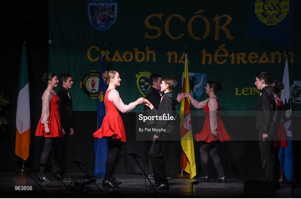 14 February 2015; The Aghamore, Co. Mayo, team of David Hession, Thomas Doherty, Sean Freyne, James Freyne, Rachel Lyons, Anne Duffy, Orna Hession and Eleanor Harrison, competing in the Set Dancing competition during the All-Ireland Scór na nÓg Championship Finals 2015. Citywest Hotel, Saggart, Co. Dublin. Picture credit: Pat Murphy / SPORTSFILE