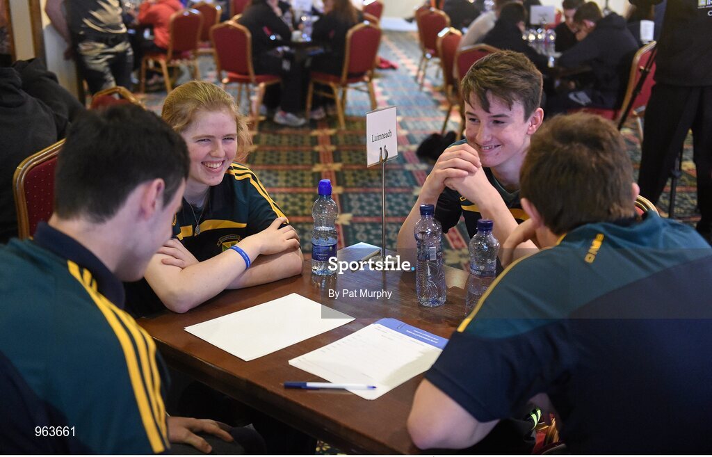 14 February 2015; The CLG Craobh Chumhra Crecora, Limerick, team of Cian Leahy, Karl Moloney Eoin Moore and Derbhla Egan who came second in the Table Quiz competition during the All-Ireland Scór na nÓg Championship Finals 2015. Citywest Hotel, Saggart, Co. Dublin. Picture credit: Pat Murphy / SPORTSFILE