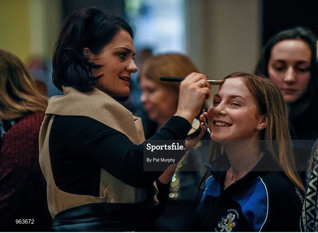 14 February 2015; A competitor gets her make make-up done before competing in the All-Ireland Scór na nÓg Championship Finals 2015. Citywest Hotel, Saggart, Co. Dublin. Picture credit: Pat Murphy / SPORTSFILE