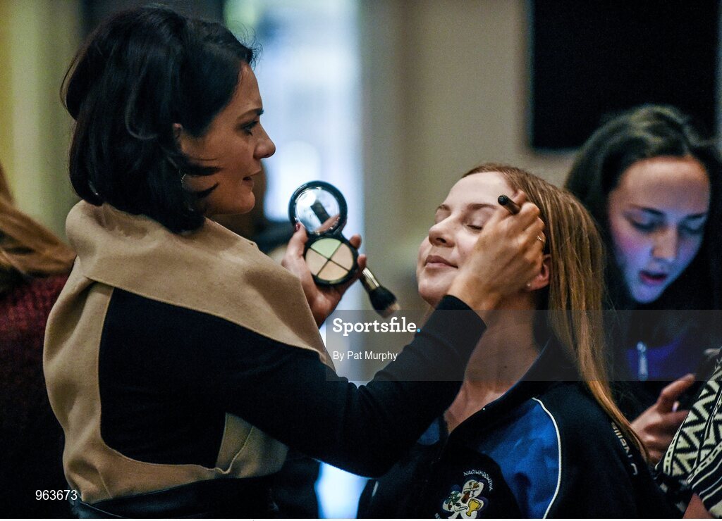 14 February 2015; A competitor gets her make make-up done before competing in the All-Ireland Scór na nÓg Championship Finals 2015. Citywest Hotel, Saggart, Co. Dublin. Picture credit: Pat Murphy / SPORTSFILE
