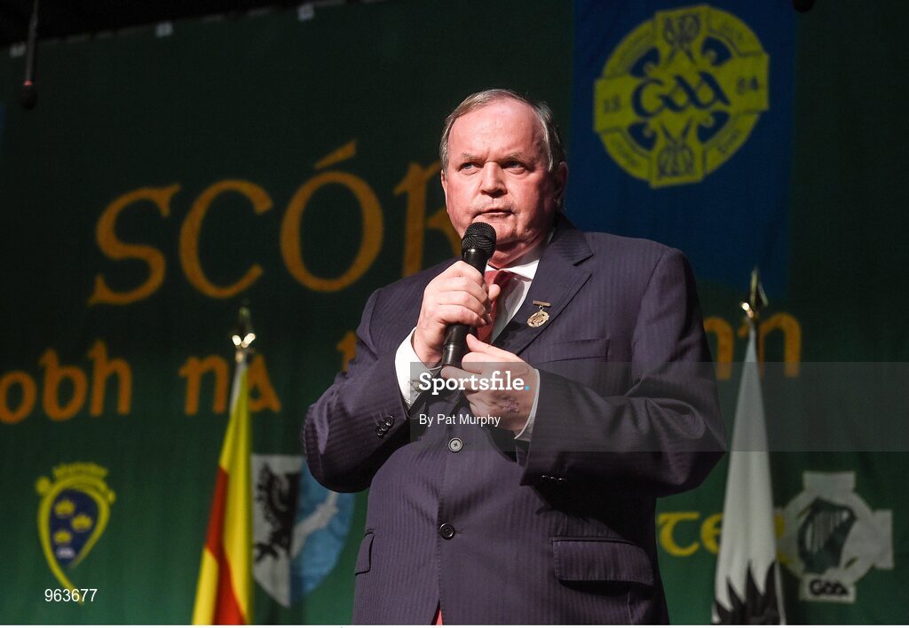 14 February 2015; Uachtaran Cumann Luthcleas Gael Liam O Neill speaking during the All-Ireland Scór na nÓg Championship Finals 2015. Citywest Hotel, Saggart, Co. Dublin. Picture credit: Pat Murphy / SPORTSFILE