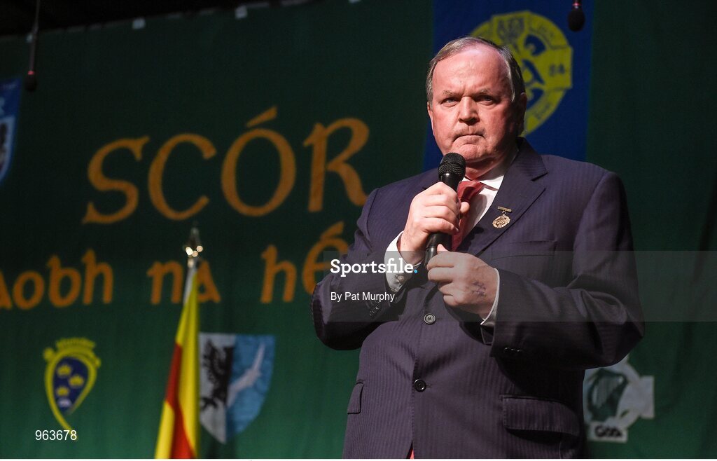 14 February 2015; Uachtaran Cumann Luthcleas Gael Liam O Neill speaking during the All-Ireland Scór na nÓg Championship Finals 2015. Citywest Hotel, Saggart, Co. Dublin. Picture credit: Pat Murphy / SPORTSFILE