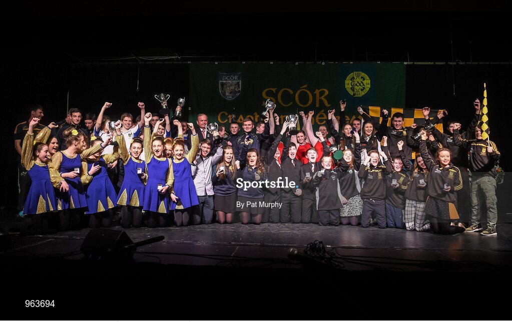 14 February 2015; Uachtarán Chumann Lúthchleas Gael Liam Ó Néill with the winners of the All-Ireland Scór na nÓg Championship Finals 2015. Citywest Hotel, Saggart, Co. Dublin. Picture credit: Pat Murphy / SPORTSFILE