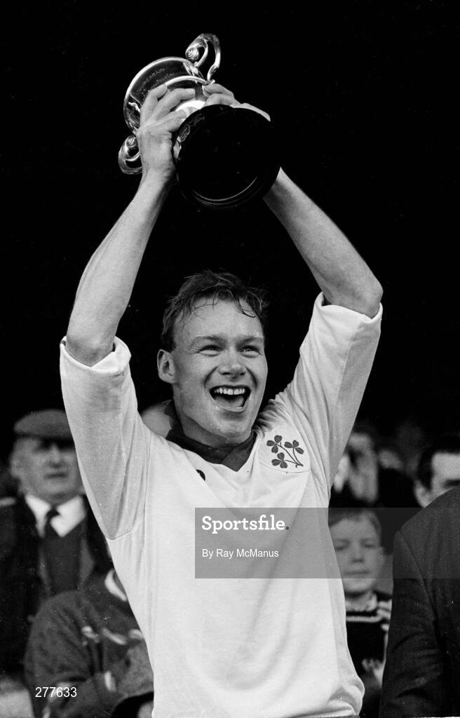 17 March 1990; Brian Fitzpatrick, Baltinglass, lifts the Andy Merrigan Cup after victory over Clann Na nGael. All Ireland Senior Football Club Final, Baltinglass, Co. Wicklow, v Clann Na nGael, Co. Roscommon, Croke Park, Dublin. Picture credit; Ray McManus / SPORTSFILE