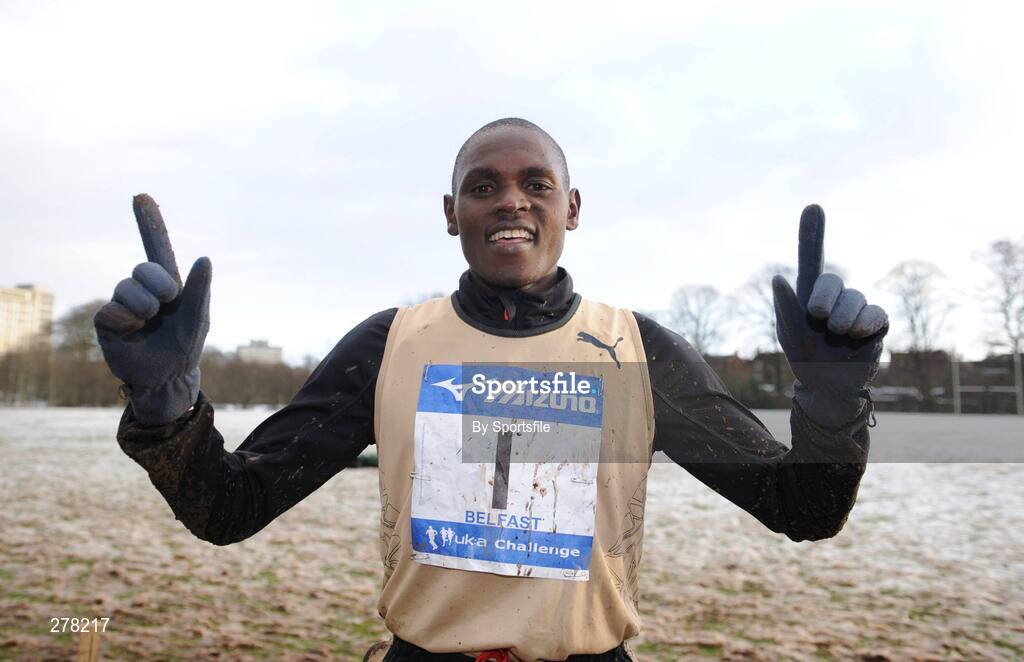 5 January 2008; Eventual winner Moses Kipsiro from Uganda celebrates after winning the International & Senior Men's Race. Belfast International Cross Country, Stormont Estate, Belfast, Co. Antrim. Picture credit; Paul Mohan / SPORTSFILE