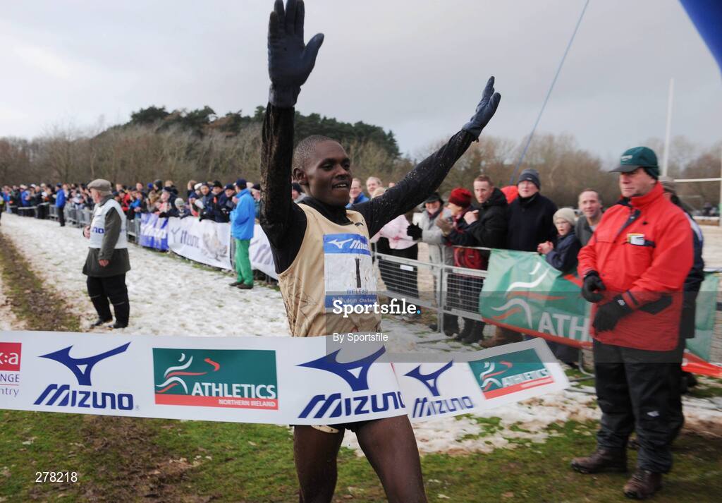 5 January 2008; Eventual winner Moses Kipsiro from Uganda celebrates as he crosses the line in the International & Senior Mens Race during the Belfast International Cross Country. Stormont Estate, Belfast, Co. Antrim. Picture credit; Paul Mohan / SPORTSFILE