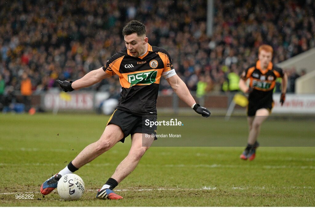 15 February 2015; Pa McCarthy, Austin Stacks, scores his side's first goal from the rebounded penalty. AIB GAA Football All-Ireland Senior Club Championship, Semi-Final, Austin Stacks v Slaughtneil, O'Moore Park, Portlaoise, Co. Laois. Picture credit: Brendan Moran / SPORTSFILE