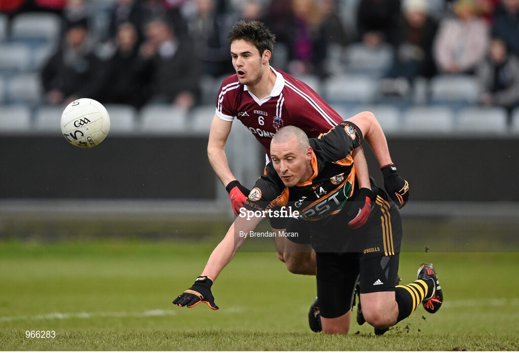 15 February 2015; Kieran Donaghy, Austin Stacks, is tackled by Chrissy McKaigue, Slaughtneil. AIB GAA Football All-Ireland Senior Club Championship, Semi-Final, Austin Stacks v Slaughtneil, O'Moore Park, Portlaoise, Co. Laois. Picture credit: Brendan Moran / SPORTSFILE