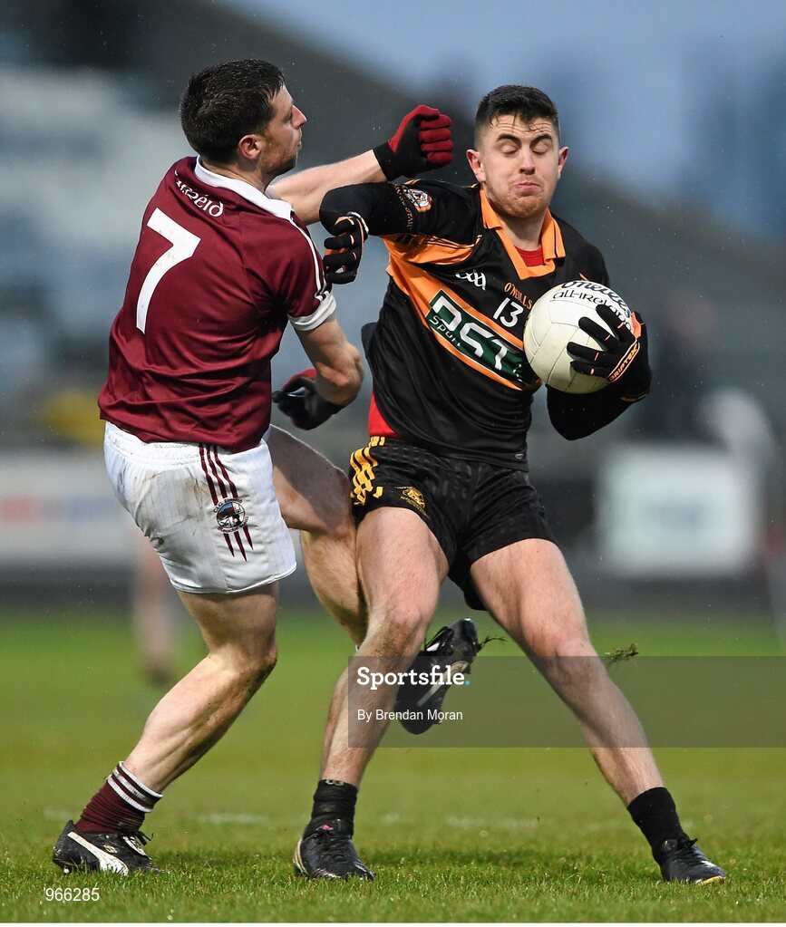 15 February 2015; David Mannix, Austin Stacks, is tackled by Barry McGuigan, Slaughtneil. AIB GAA Football All-Ireland Senior Club Championship, Semi-Final, Austin Stacks v Slaughtneil, O'Moore Park, Portlaoise, Co. Laois. Picture credit: Brendan Moran / SPORTSFILE