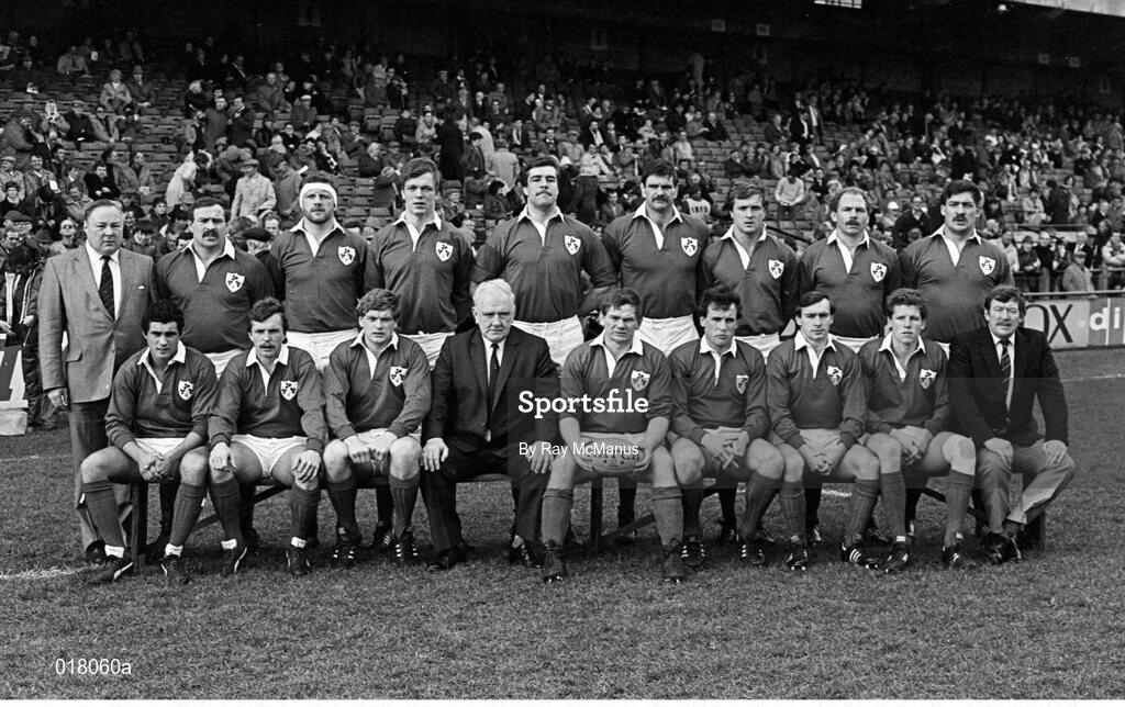 30 March 1985; The Ireland Rugby team that beat England to win the Triple Crown. Back row, from left,  Mick Cuddy, Chairman of the Selection Committee, Phil Orr, Philip Matthews, Donal Lenihan, Willie Anderson, Hugo MacNeill, Nigel Carr and Jim McCoy. Front, from left, Michael Bradley, Paul Dean, Trevor Ringland, Michael Carroll, President I.R.F.U., Ciaran Fitzgerald, Captain, Michael Kiernan, Keith Crossan, Brendan Mullen and Mick Doyle. Five Nations Championship, Ireland v England, Lansdowne Road, Dublin. Picture Credit: Ray McManus / SPORTSFILE