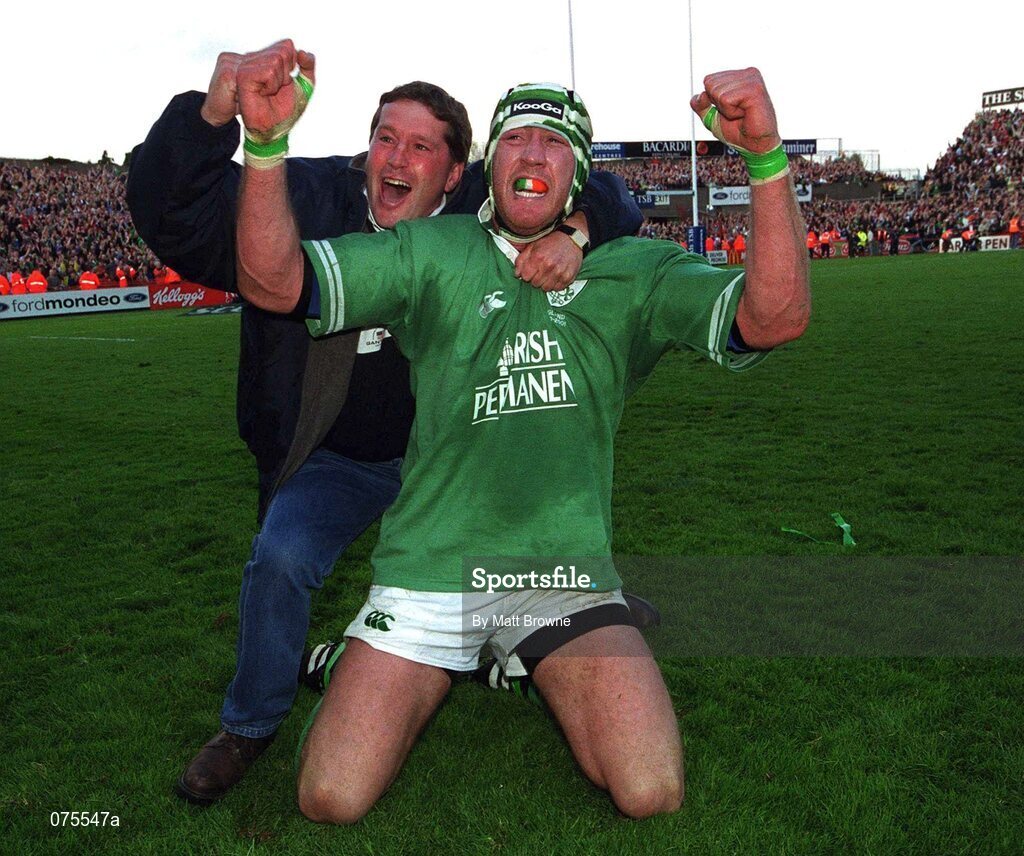 20 October 2001; Ireland's Trevor Brennan celebrates with a fan after victory over England. Ireland v England, Six Nations Championship, Lansdowne Road, Dublin. Picture credit: Matt Browne / SPORTSFILE