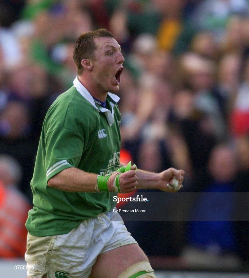 20 October 2001; Ireland's Eric Miller celebrates at the final whistle. Ireland v England, Six Nations Championship, Lansdowne Road, Dublin. Picture credit: Brendan Moran / SPORTSFILE