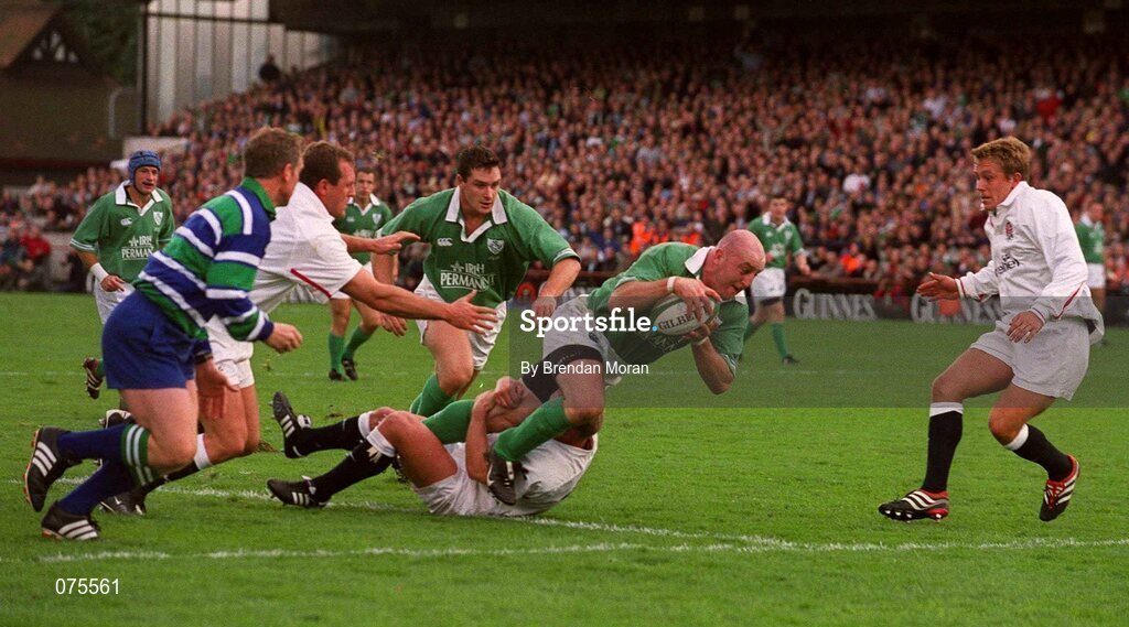 20 October 2001; Ireland's Keith Wood goes over for a try. Ireland v England, Six Nations Championship, Lansdowne Road, Dublin. Picture credit: Brendan Moran / SPORTSFILE