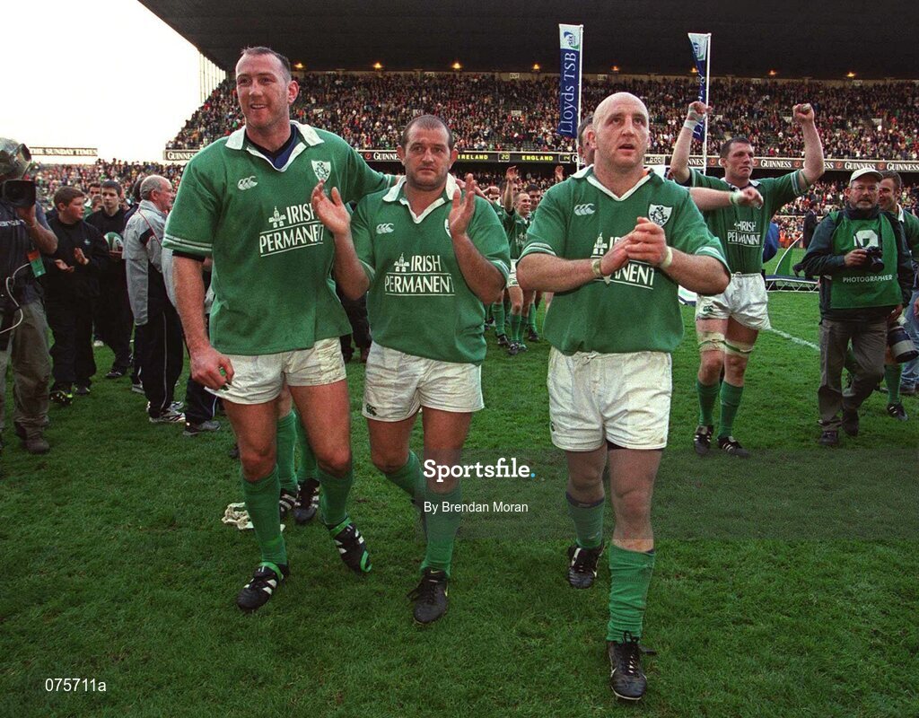 20 October 2001; Ireland players, from left, Trevor Brennan, Peter Clohessy and Keith Wood celebrate victory over England. Ireland v England, Six Nations Championship, Lansdowne Road, Dublin. Picture credit: Brendan Moran / SPORTSFILE