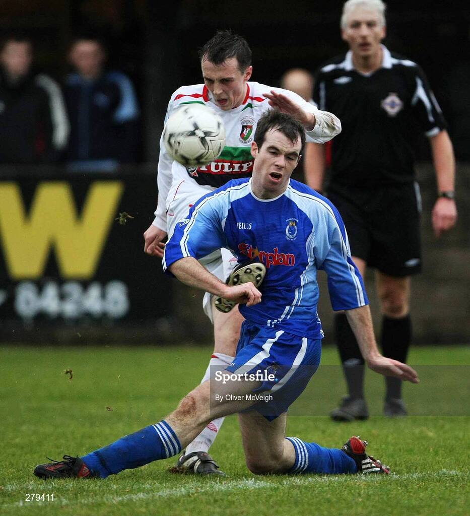19 January 2008; Michael Halliday, Glentoran, has his shot blocked by Adam McMinn, Dungannon Swifts. Carnegie Premier League, Dungannon Swifts v Glentoran, Stangmore Park, Dungannon, Co. Tyrone. Picture credit; Oliver McVeigh / SPORTSFILE