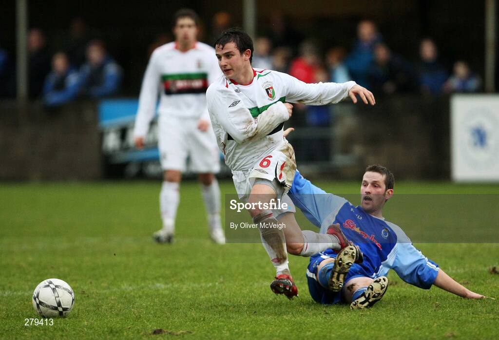 19 January 2008; Shane McCabe, Glentoran, in action against Terry Fitzpatrick, Dungannon Swifts. Carnegie Premier League, Dungannon Swifts v Glentoran, Stangmore Park, Dungannon, Co. Tyrone. Picture credit; Oliver McVeigh / SPORTSFILE