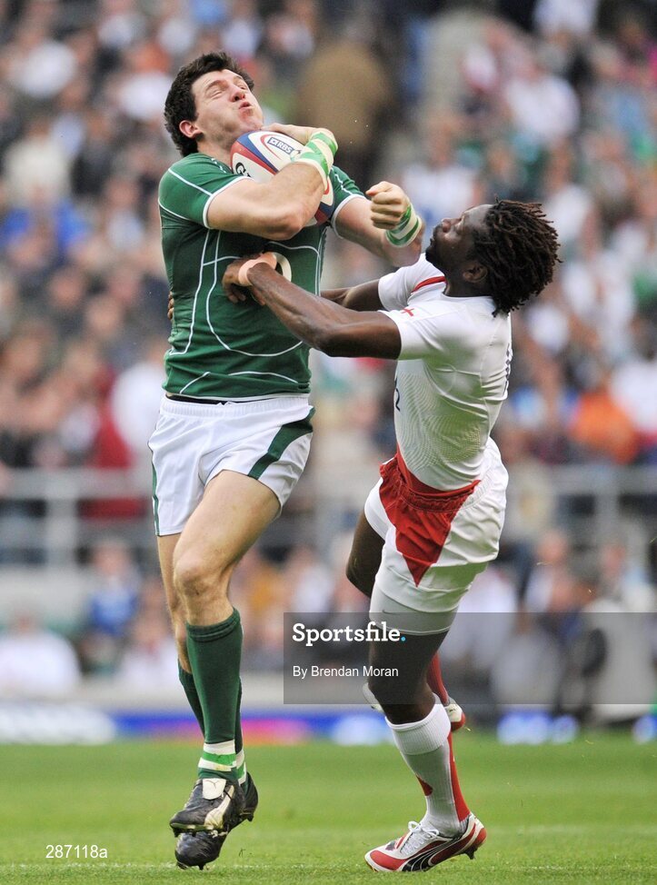15 March 2008; Shane Horgan, Ireland, is tackled by Paul Sackey, England. RBS Six Nations Rugby Championship, England v Ireland, Twickenham, London. Picture credit; Brendan Moran / SPORTSFILE *** Local Caption ***