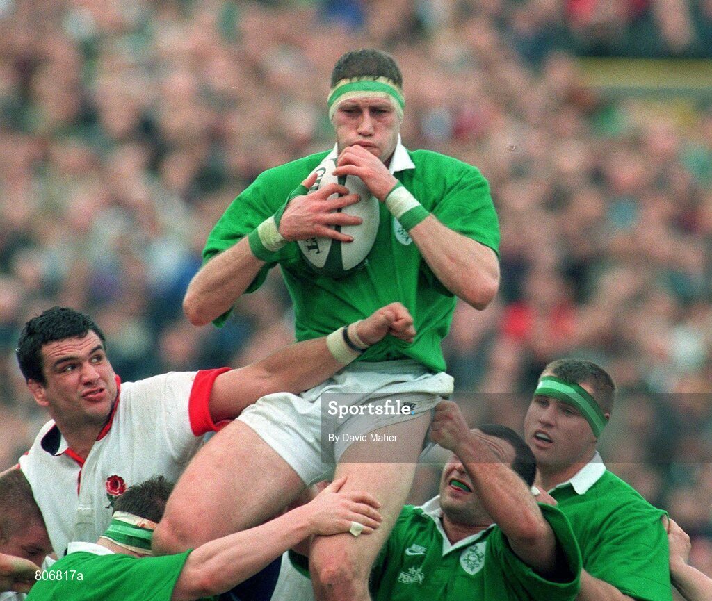 15 February 1997; Paddy Johns, Ireland, in action against Martin Johnson, England. Five Nations Rugby Championship, Ireland v England, Lansdowne Road, Dublin. Picture credit: David Maher / SPORTSFILE