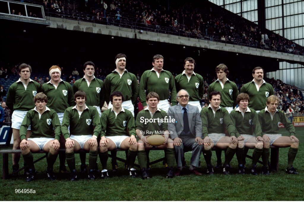 19 March 1983; The Ireland rugby team that won a share of The 1983 Five Nations Championship, back row, left to right, Fergus Slattery, Gerry "Ginger" McLoughlin, John O'Driscoll, Donal Lenihan, Moss Keane, Willie Duggan, Hugo MacNeill, and Phil Orr with front row, from left, Trevor Ringland, David Irwin, Michael Kiernan, Ciaran Fitzgerald, Moss Finn, Ollie Campbell, and Robbie McGrath before the Five Nations Rugby Championship match between Ireland and England at Lansdowne Road in Dublin. Photo by Ray McManus/Sportsfile