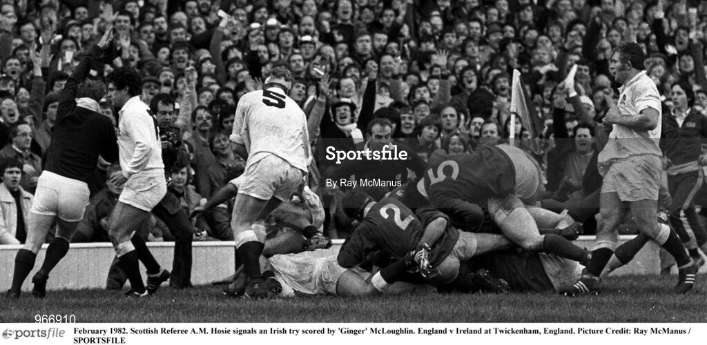6 February 1982. Scottish Referee A.M. Hosie signals an Irish try scored by 'Ginger' McLoughlin. England v Ireland at Twickenham, England. Picture Credit: Ray McManus / SPORTSFILE