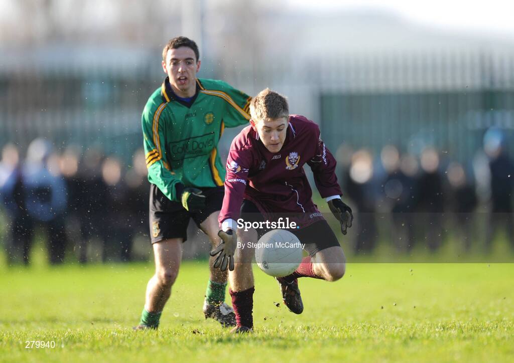 24 January 2008; Kevin Towell, Franciscan College, in action against Sean O'Connor, St Benildus college. Leinster Colleges Senior Football Championship 'A' Round 2, St Benildus College, green, v Franciscan College Gormanston, marron, Kilmacud, Dublin. Picture credit; Stephen McCarthy / SPORTSFILE