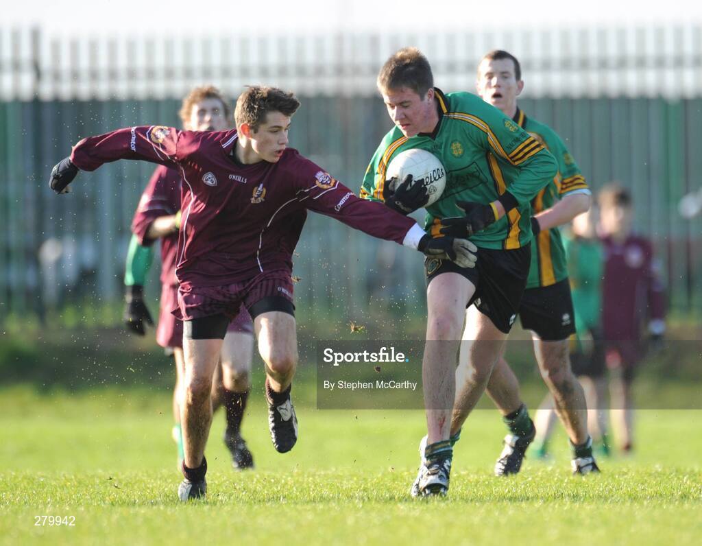 24 January 2008; Brian Hanamy, St Benildus College, in action against Mark Reynolds, Franciscan College. Leinster Colleges Senior Football Championship 'A' Round 2, St Benildus College, green, v Franciscan College Gormanston, marron, Kilmacud, Dublin. Picture credit; Stephen McCarthy / SPORTSFILE