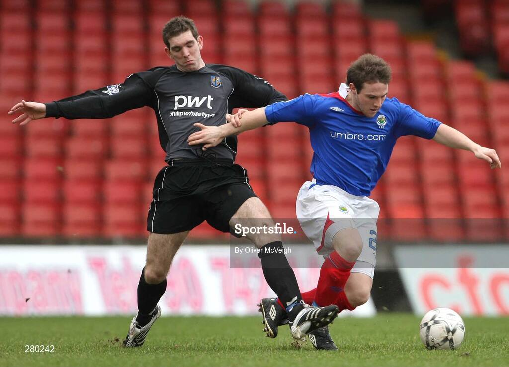 26 January 2008; Jamie Mulgrew, Linfield, in action against Austin McCann, Armagh City. Carnegie Premier League, Linfield v Armagh City, Windsor Park, Belfast, Co Antrim. Picture credit; Oliver McVeigh / SPORTSFILE