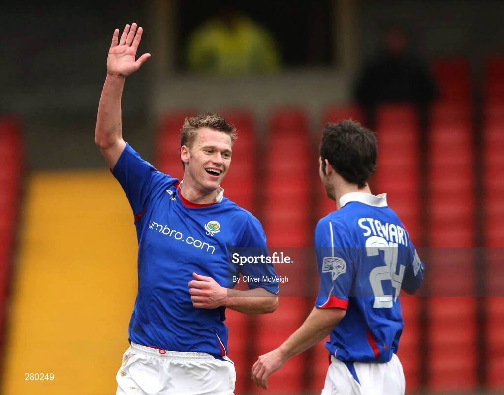 26 January 2008; Linfield's Peter Thompson celebrates his goal with team-mate Thomas Stewart. Carnegie Premier League, Linfield v Armagh City, Windsor Park, Belfast, Co Antrim. Picture credit; Oliver McVeigh / SPORTSFILE