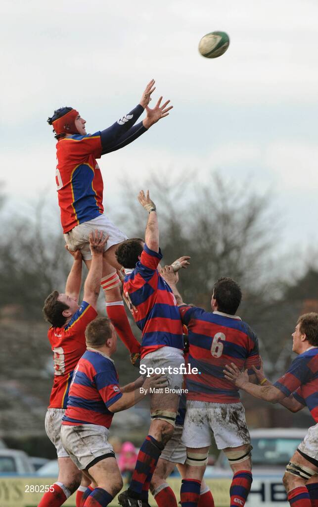26 January 2008; Anthony Hartigan, UL Bohemians, wins possession in the lineout against Clontarf. AIB League Division 1, Clontarf v UL Bohemians, Castle Ave, Clontarf, Dublin. Picture credit; Matt Browne / SPORTSFILE