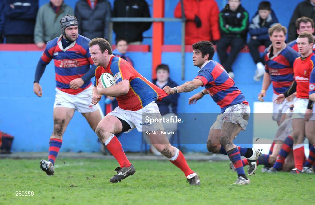 26 January 2008; James O'Neill, UL Bohemians, is tackled by Chris Elvin, Clontarf. AIB League Division 1, Clontarf v UL Bohemians, Castle Ave, Clontarf, Dublin. Picture credit; Matt Browne / SPORTSFILE