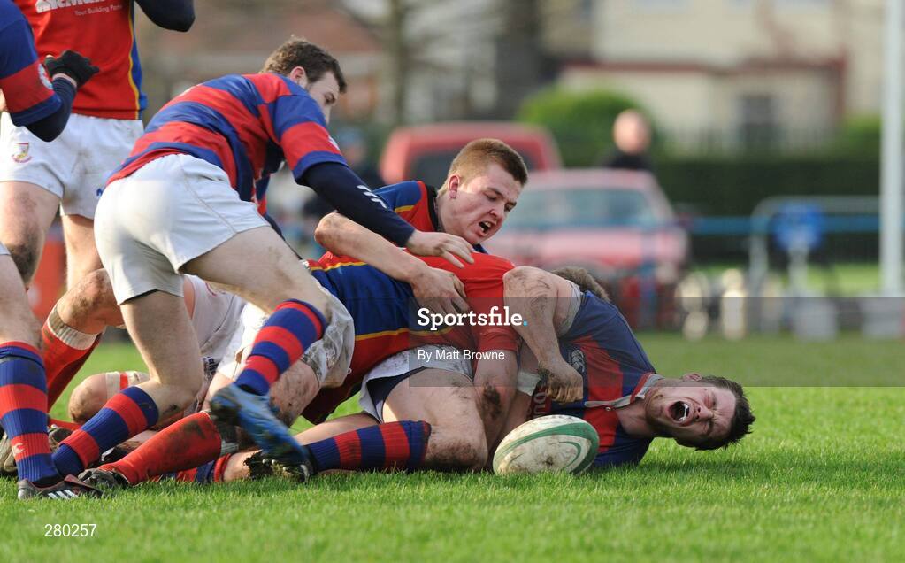 26 January 2008; Cian Healy, right, and Phil Howard, left, Clontarf, are tackled by Sean Henry and David Foley, UL Bohemians. AIB League Division 1, Clontarf v UL Bohemians, Castle Ave, Clontarf, Dublin. Picture credit; Matt Browne / SPORTSFILE