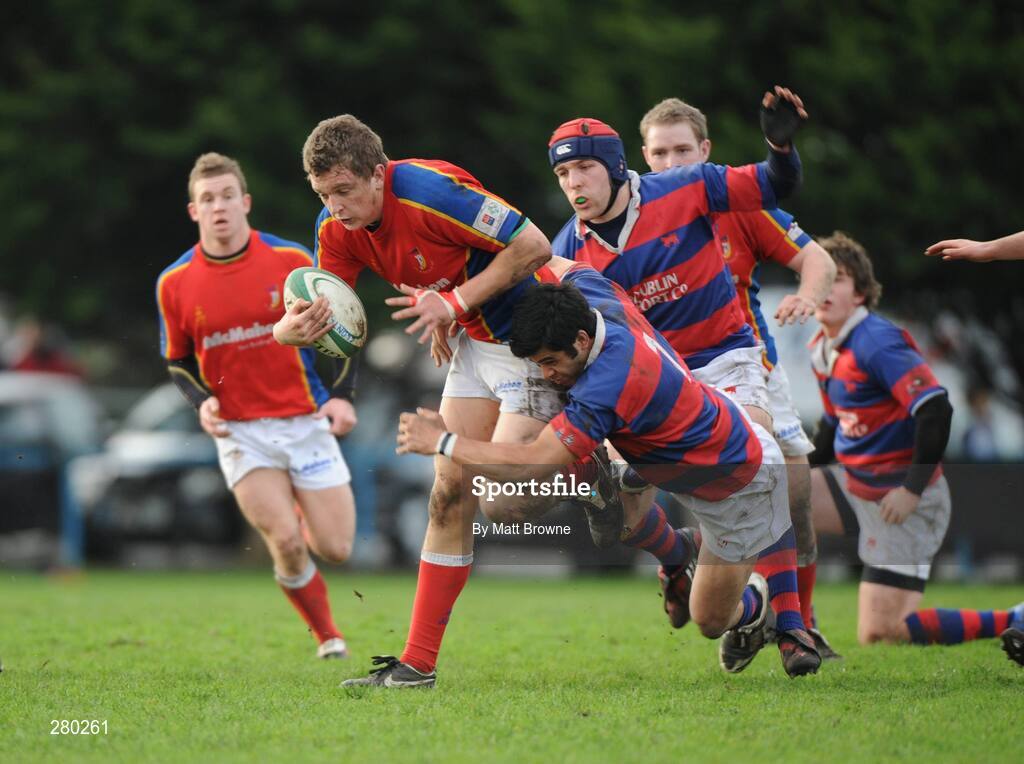 26 January 2008; Kieran Essex, UL Bohemians, is tackled by Chris Elvin, Clontarf. AIB League Division 1, Clontarf v UL Bohemians, Castle Ave, Clontarf, Dublin. Picture credit; Matt Browne / SPORTSFILE
