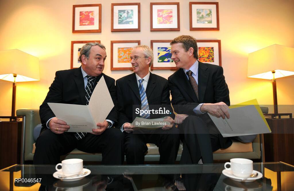 24 January 2008; John Treacy, CEO of the Irish Sports Council, centre, in conversation with President of the GAA Nickey Brennan, left, and CEO of Athletics Ireland Brendan Hackett, at the announcement of details of the Irish Sports Council Budget for 2008. The wide range of Irish sports, from angling to volleyball, gathered today to hear the Minister for Arts, Sport and Tourism, Mr. Seamus Brennan T.D. announce Ä13.5 million in funding for governing bodies for 2008. Conrad Dublin Hotel, Earlsfort Terrace, Dublin. Picture credit: Brian Lawless / SPORTSFILE